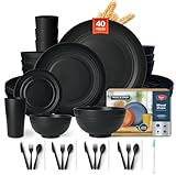 Teivio 40-Piece Kitchen Plastic Wheat Straw Dinnerware Sets, Service for 4, Dinner Plates,Dessert Plates,Cereal Bowls, Cups, Flatware,Dishwasher Safe, Unbreakable Outdoor Camping Dishes, Black
