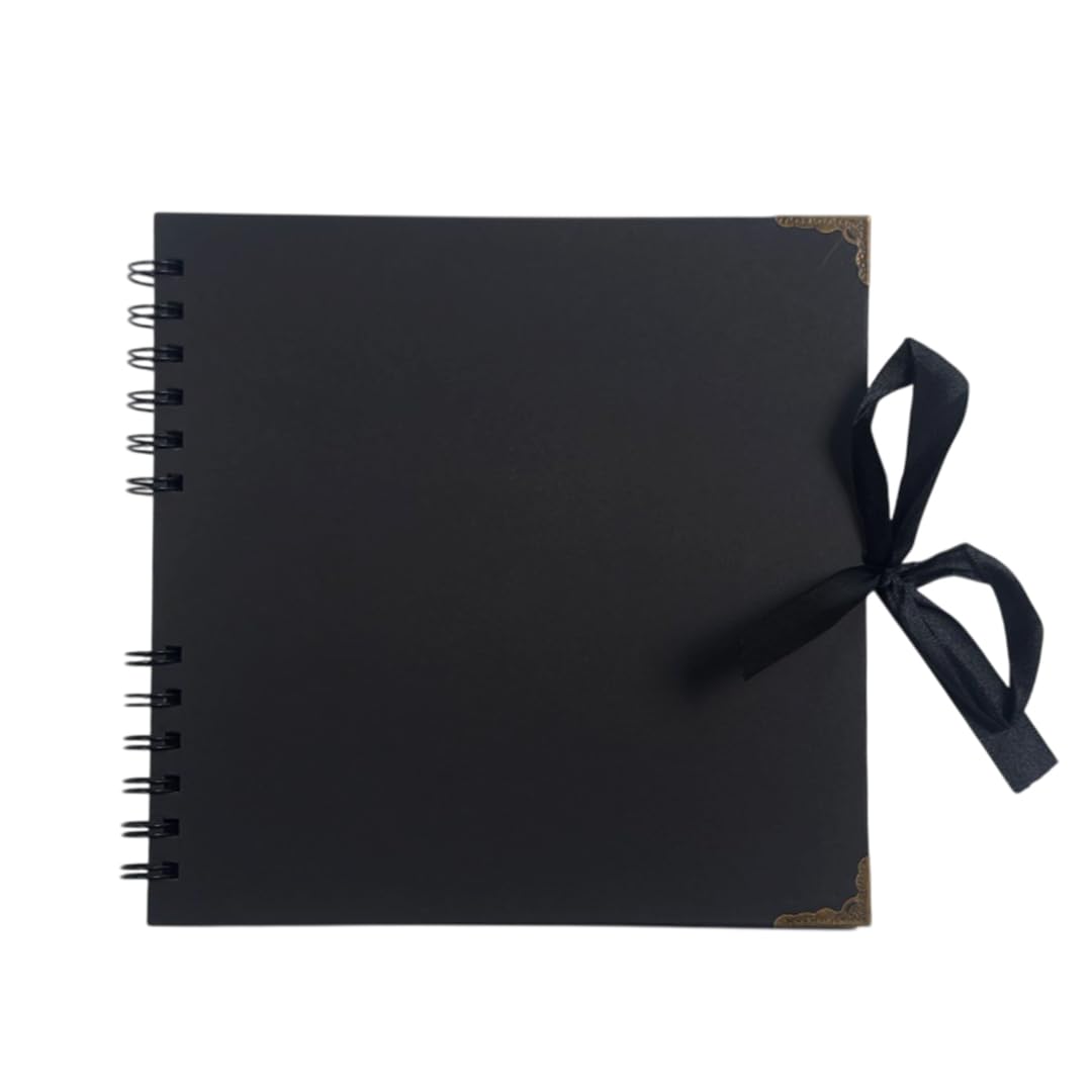 30 Sheets 20x20cm Spiral Bound 180gsm Black Scrapbook with Ribbon Closure and Metal Corners - Stationery Office & School Supplies - Ideal for Your Scrapbooking Albums Art & Craft Projects, Memory book