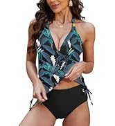 Yutdeng Tankini Damen Bauchweg Bademode Push Up Tankini Oberteil V Ausschnitt Kordelzug Side Bade...
