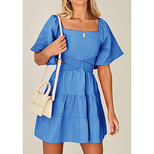 Shy Velvet Womens Square Neck Criss Cross Pleated Flowy Dress Solid Color Backless Hollow Out Mini Dresses