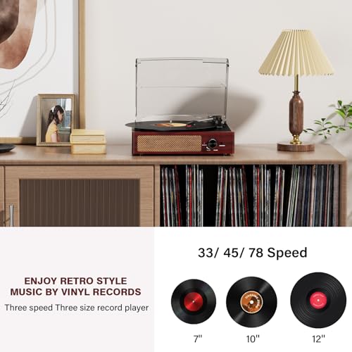 Image of Vinyl Record Player with 2 Stereo Speakers Belt-Driven Vintage Turntables 3 Speed 3 Size Wireless Bluetooth Playback AUX-in RCA Out Headphone LP Vinyl Players Auto Stop Red Wood