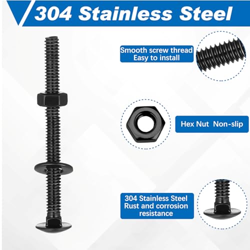 Image of Zonon 25 Sets 1 /4-20 x 3 Stainless Steel Carriage Bolts and Nuts Kit Round Head Square Neck Carriage Bolts Screws and Hex Nuts and Flat Washers, Stainless 18-8 Full Thread Coverage (Black
