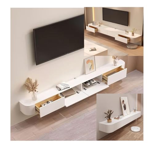 Image of Floating TV Stand Wall Mounted - Wall Entertainment Center with Flip-Down Doors & Drawers, Modern Hanging TV Shelf for Living Room, Media Console for 65 /75 80 Inch TVs (White, 102.4 IN /260CM)