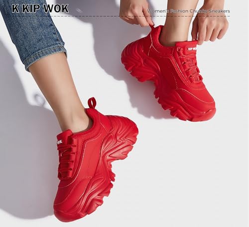 Image of K KIP WOK Chunky Sneakers for Women Fashion Platform White Leather Casual Dad Shoes Comfortable Wedge Walking Sport Sneakers