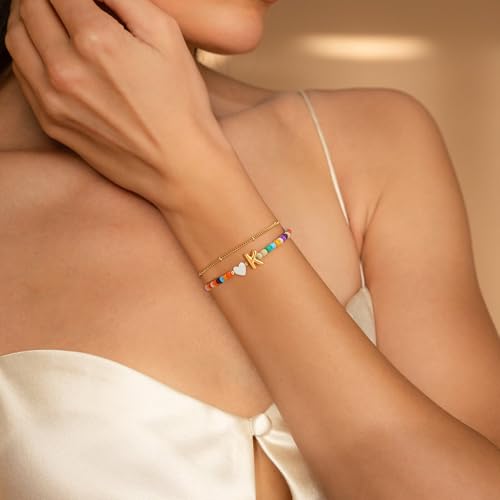 Colorful Initial Bracelets for Women Girls - 14K Gold Plated Heart Initial Letter Daint A-Z Charm Bracelet Summer Jewelry Teen Girl Gifts for Teen Kids4