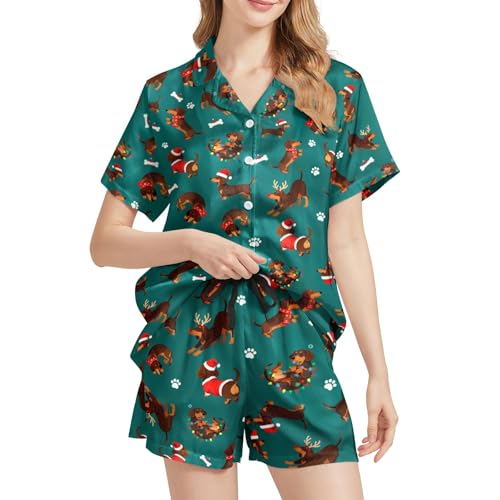 Image of Funny Pajamas for Women Set Print Satin Loungewear Pjs Short Sleeve Button Down Top and Shorts Sets Sleepwear XS-3XL