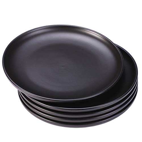 BonNoces 8-inch Porcelain Lunch Plates, Elegant Matte Glaze Finish Round Serving Plate for Pasta, Snack and Salad, Set of 5 (Matte Black)