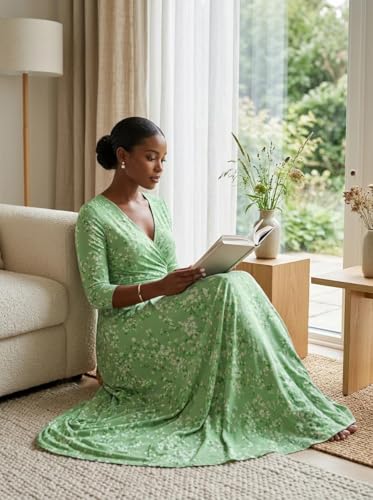 Image of Women's V Neck Floral Maxi Dress 3 /4 Sleeve Plus Size Boho Wrap Flowy Long Dresses with Belt