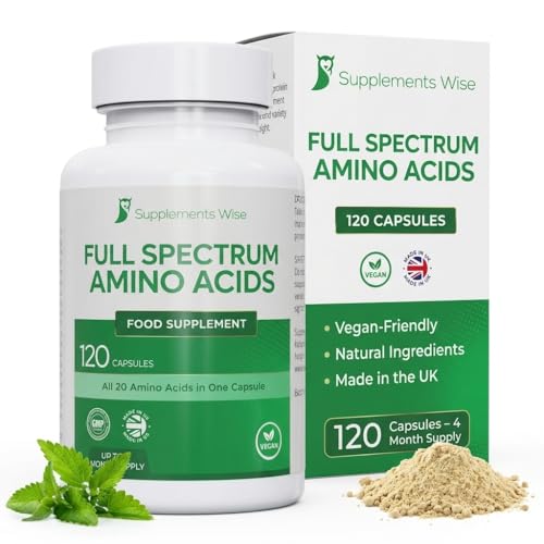 Full Spectrum Amino Acids Complex - 120 Powder Capsules - Free Form Amino Acid Supplements - Includes Essential (EAA) and BCAA for Optimal Benefits - Suitable for Vegans - Up to 4 Month Supply