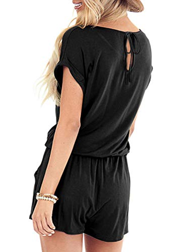 Mokayee Womens Black Summer Short Sleeve Crew Neck Cute Front Tie Casual Short Jumpsuits Rompers With Pockets L #TOP1