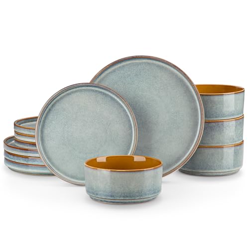 Image of vancasso ONION Ceramic Plates and Bowls Sets, 12 Pieces Light Blue Dinnerware Sets for Kitchen, Reactive Glaze Dishes Set for 4, Dishwasher and Microwave Safe