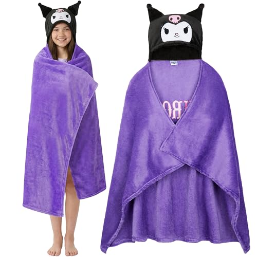 Hello Kitty Sanrio Hooded Blanket for Women Teens Wearable Fleece Throw Kuromi Cinnamoroll Kawaii Gifts for Women (Purple Kuromi)
