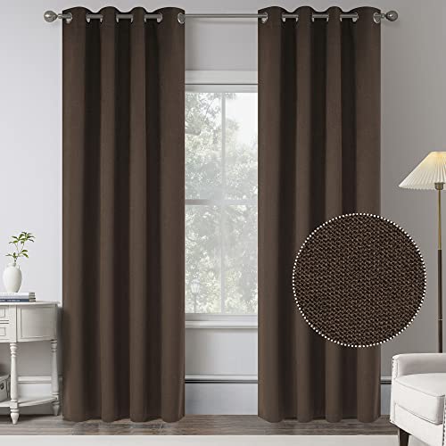 Cocoa Brown Linen 100% Blackout Curtains 84 inch length 2 panels for Bedroom -Burlap Textured Vintage Style Energy Saving Thermal Insulated Window Curtain Drapes for Living Room,W 52 x L 84 Inch