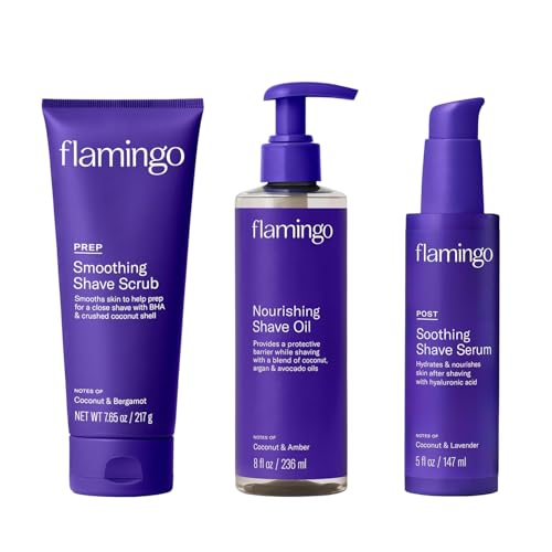 Flamingo 3-Step Shaving Set for Women - Smoothing Prep Scrub Nourishing Shave Oil and Soothing Post Shaving Serum - Glow Shave Collection