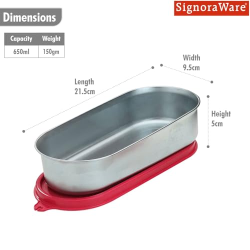 Image of Signoraware Flat Stainless Steel Oval Container | Airtight & Leakproof | Dishwasher safe | Best for School, Office, Picnics & Outdoor Activities | Great for Kids & Adults (650ml | Red)