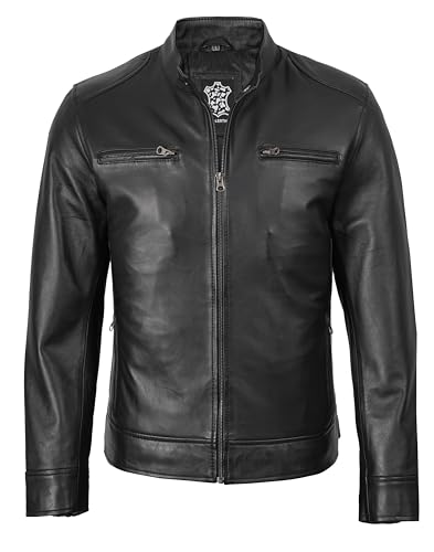 Image of fjackets Mens Leather Jacket - Real Lambskin Cafe Racer Jacket Stand Collar Moto Biker Zip Jacket For Men