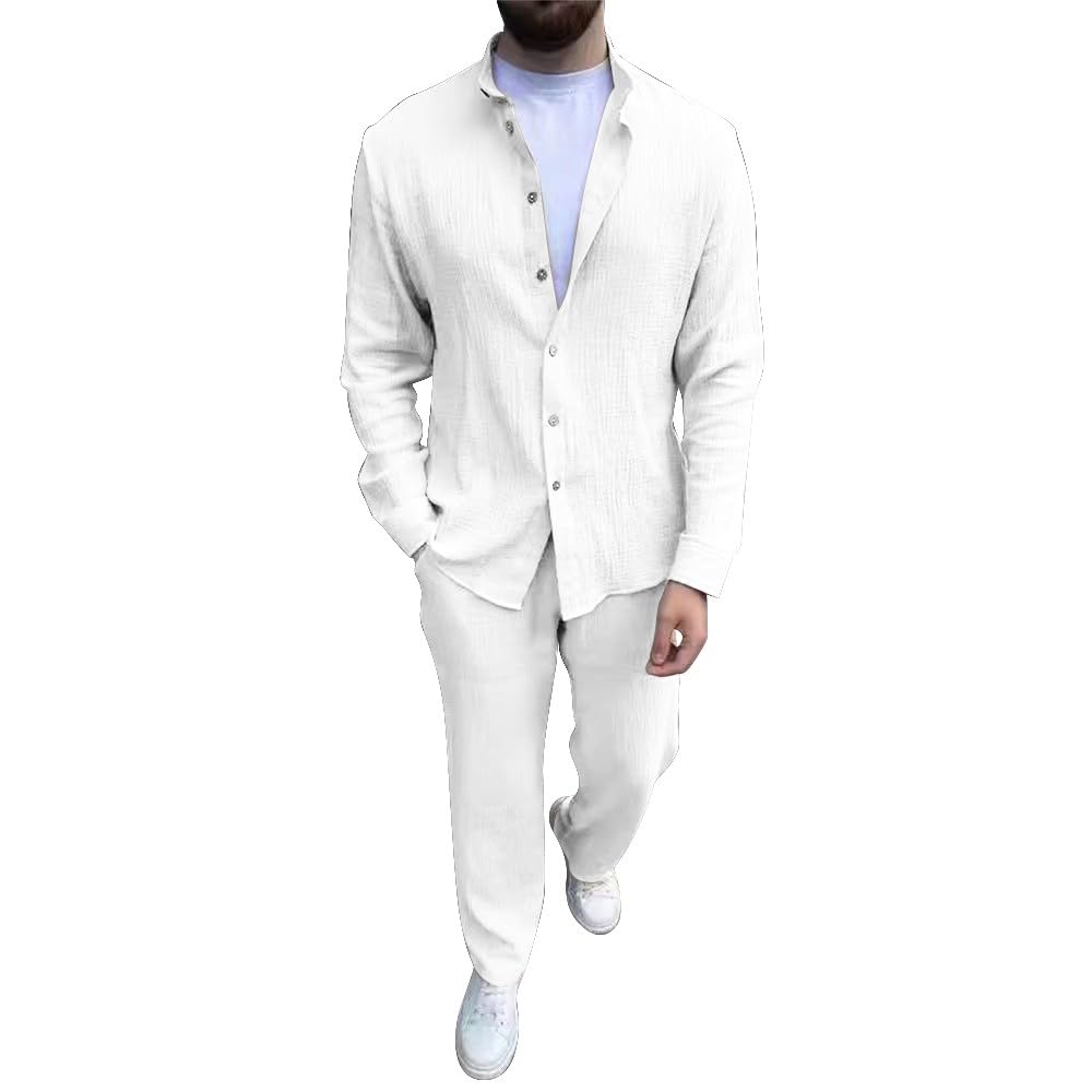 Conjunto de pantalones de camisa de lino para hombre, conjunto de hombre y verano chic en lino, chándal, playa, vacaciones, chándal decontracte Sport Travail, atuendo confort diario, traje urbano