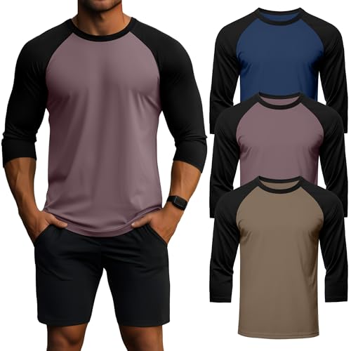 La mejor comparación de Playeras Bicolor comprados en linea. 45 Huukeay - Paquete de 3 camisetas de manga 3/4 para hombre, cuello redondo, camisetas de béisbol que absorben la humedad, Morado grisáceo/negro, azul oscuro/negro, café...