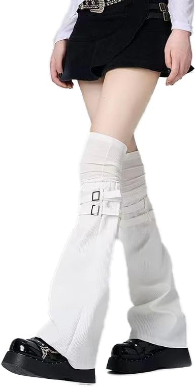 Gothic Y2K Leg Warmers with Decorative Buckle Straps, Black and White, One Size, Ribbed Knit Material