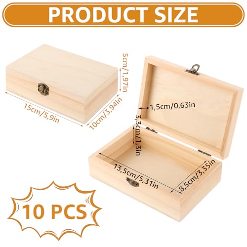 Miniatura 2 de Yayods 10 Cajas Pequeñas De Madera Natural Con Tapa, 15 X 10 X 5 Cm, Caja De Madera Con Tapa Y Cierre A Presión, Caja De Madera De Pino Para Regalo, Caja De Almacenamiento Para Pintar, Bricolaje