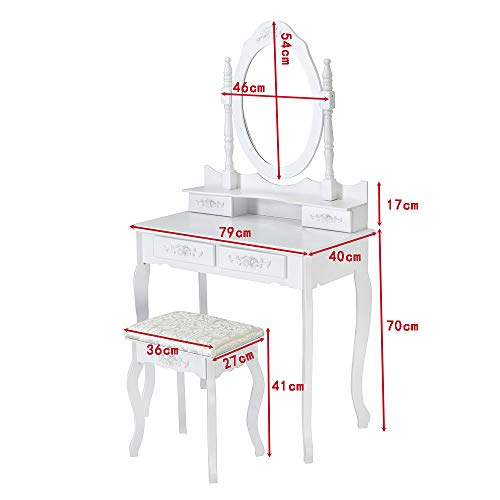 PALDIN White Dressing Table, Modern Makeup Table 4-Drawer Vanity Dresser Set With Stool & Oval Mirror Bedroom Dresser, Size: h 136cm x w 75cm x d 40cm. (White) - Image 6