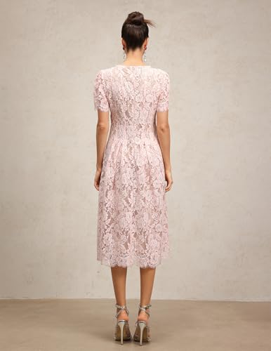Pink Short Sleeve Trim Round Neck Date Night Dress Midi Floral Embroidered Plaeted A Line Lace Dress3