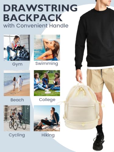 Image of RHDZO Drawstring Gym Backpack with Shoe Compartment and Wet Pocket, Beige