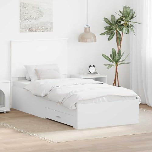 Tonture Marco de cama con cabecero blanco de 90 x 190 cm de madera, cama individual resistente con cajones integrados, cama moderna con plataforma para dormitorio, muebles duraderos