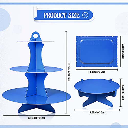 7 Pieces Cake Stand Set 3-Tier Cardboard Cupcake Stand 1-Tier Cake Stand Round Dessert Stand Rectangle Serving Tray Reusable Platters Cupcake Holders For Desserts Birthday Party (Blue) #TOP1