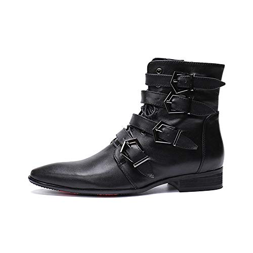 Image of Rui Landed Ankle Boots for Men Pointed Toe Plain Genuine Leather Monk Strap Lace Up Style Block Heel Metal Inner Zippers High Top Shoes