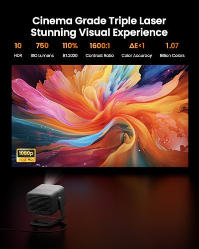 JmGO N1 Portable 1080P FHD Projector with 4K Support, 150 Triple Laser, Auto Image Correction, 750 Lumens, 2x5W Speakers, Android TV 11