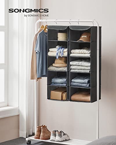 SONGMICS RCH005G02 Kleiderschrank-Hängesack, Faltbare platzsparende Hängetasche mit Metallhaken, Bambusverstärkung, Leinenmuster, Grau, 2 Stück