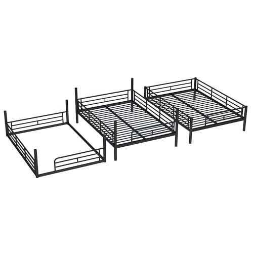Image of Full Over Full Over Full Bunk Bed with Safety Guardrails, Modern Metal Triple Bed Frame for Kids, No Box Spring Required, Black
