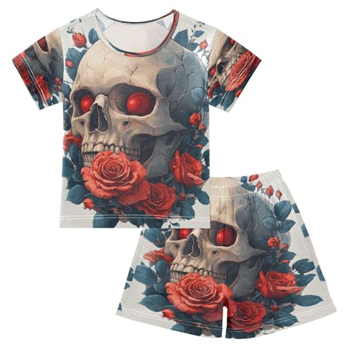 senya Short Sleeve Pajamas Sets Summer Cotton Sleepwear Red Flower Skull