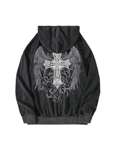 SOLY HUX Mens Gothic Zip Up Hoodies Grunge Drop Shoulder Hooded Sweatshirts Outerwear Black Graphic Large