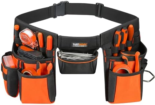 Tool Belt with Multiple Pockets, Heavy Duty Construction Pouch, Black and Orange