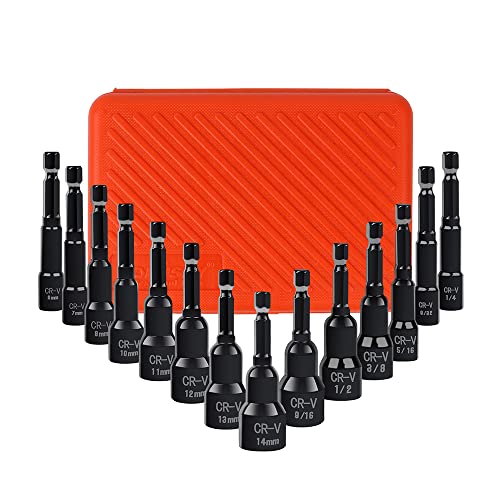 BRIMIX 15 pcs juego de llaves de vaso para taladro, imantado, para tuercas hexagonales, 6mm - 14 mm,