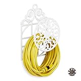 Relaxdays Schlauchhalter, großer Wasserschlauchhalter in nostalgischem Design, Gusseisen, hängend, HBT 50x32x20 cm, weiß