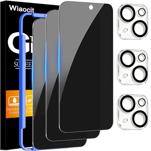 Image of Wiaocit 3 Pack Tempered Glass Privacy Screen Protector for iPhone 15 with 3 Pack Camera Lens Protector, 9H Hardness, Bubble Free, Case Friendly