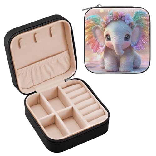 ALAZA Joyeros para mujeres y niñas, caja de joyería de viaje pequeña con diseño de flores de elefante, caja de almacenamiento portátil de joyería de piel sintética para anillos, aretes, collares,