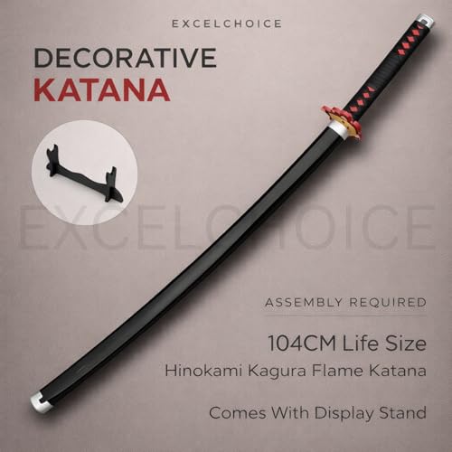 Image of EXCELCHOICE Demon Slayer Tanjiro Katana Sword - Fire God Tanjiro x Rengoku Flame Anime Replica, 104 cm Life Size Bamboo Silver Blade Wood Katana (Single Layer Stand Included) 2026 Model Anime Gift