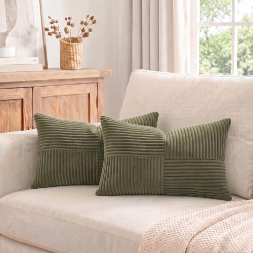 Image of Fancy Homi 2 Packs Olive Green Lumbar Decorative Throw Pillow Covers 16x32 Inch for Living Room Couch Bed, Farmhouse Boho Home Decor, Soft Striped Corduroy Rectangle Accent Cushion Case 40x80 cm