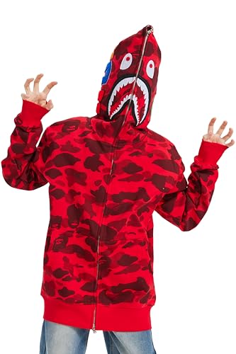 RICK TOP ONE Camouflage shark jacket men's fall and winter cardigan zipper embroidery hooded sweater large size couple models (US, Alpha, Small, Regular, Regular, Red)