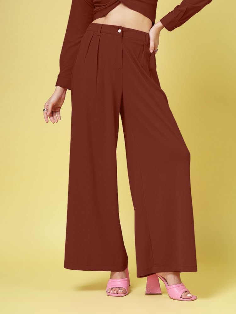 Image of FYLTR Women's Stretchable High Waist Wide-Leg Front Pleated Formal Trouser