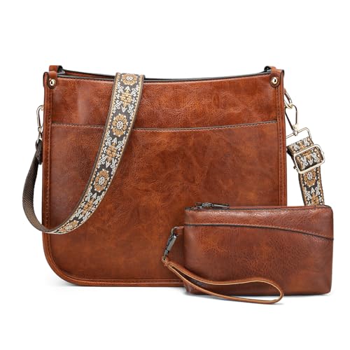 BAIGIO Bolso Bandolera Mujer Cuero PU, Bolso Mujer Bandolera Mediano con Correa Ancha, Bolsos Hombro Cruzado Mujeres y Monedero Carteras Set para Viaje Trabajo Casual Escuela, Marrón 2PCS