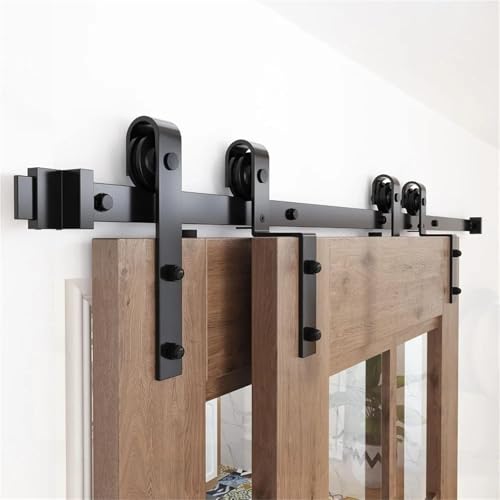 Kit de herrajes for puertas de granero de 5 pies, riel simple, puertas dobles de madera, uso de riel, rodillo, techo bajo, riel simple de 5 pies