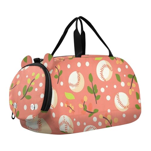 Gym Travel Duffle Bag for Boys Girls Baseball Green Leaves Pattern Coral Sports Dance Bag with Shoe Compartment & Wet Pocket Football Kids Travel Bag Teens Sleepover Carry