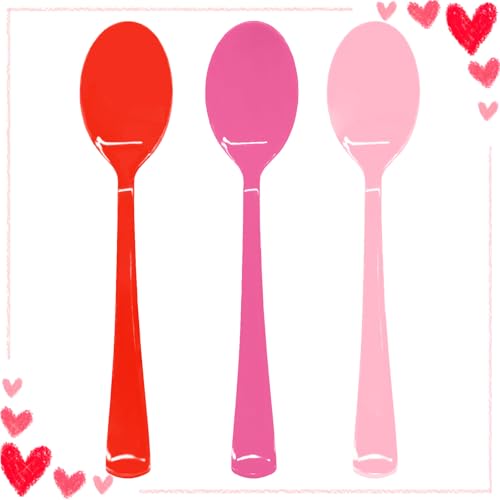 60 Pcs Valentine's Day Plastic Spoons Disposable Cutlery Set Heavy Duty 60 Spoons for Valentine's Day, Girl Birthday, Sweet 16 Party Party Decorations(Pink, Hot Pink, Red)