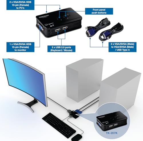 Image of TRENDnet 2-Port USB KVM Switch, TK-207K, Control Two Computers with One Set of Console Controls, 2048 x 1536 Resolution, 60Hz Refresh Rate, All Required Cabling Included, Black