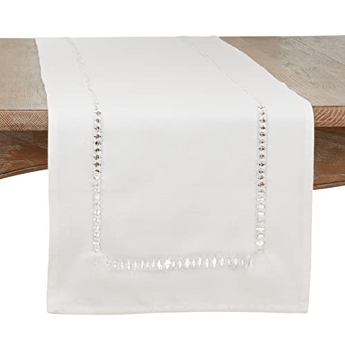 Saro Lifestyle Hemstitched Border Table Runner, Ivory, 16"x72"